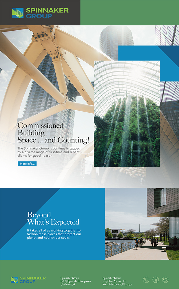 Client quote overlaid on a green-building project photo