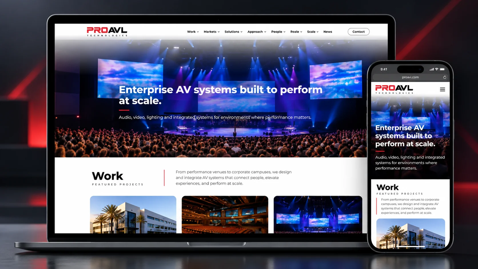 Responsive desktop and mobile mockup of the Pro AVL website redesigned by Maia Interactive.